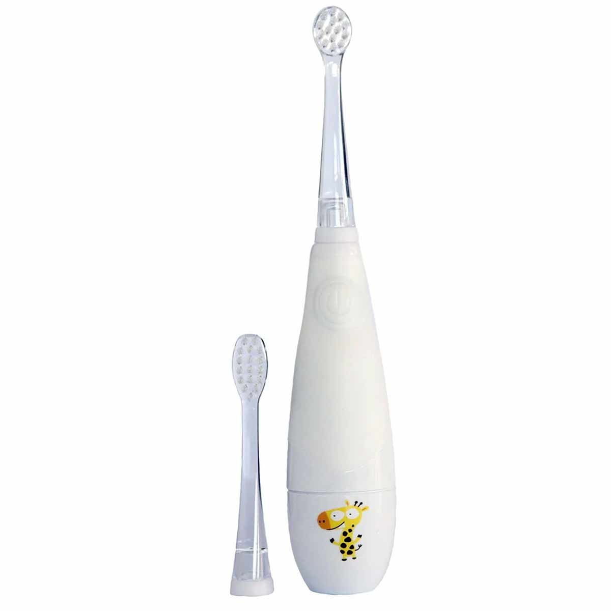 White sonic toothbrush with bee design, includes one attached brush head and one replacement head with soft bristles.