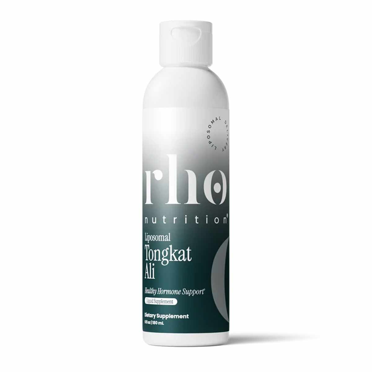 White bottle with white cap labeled "rho nutrition Liposomal Tongkat Ali" dietary supplement, 4 fl oz/180 mL.