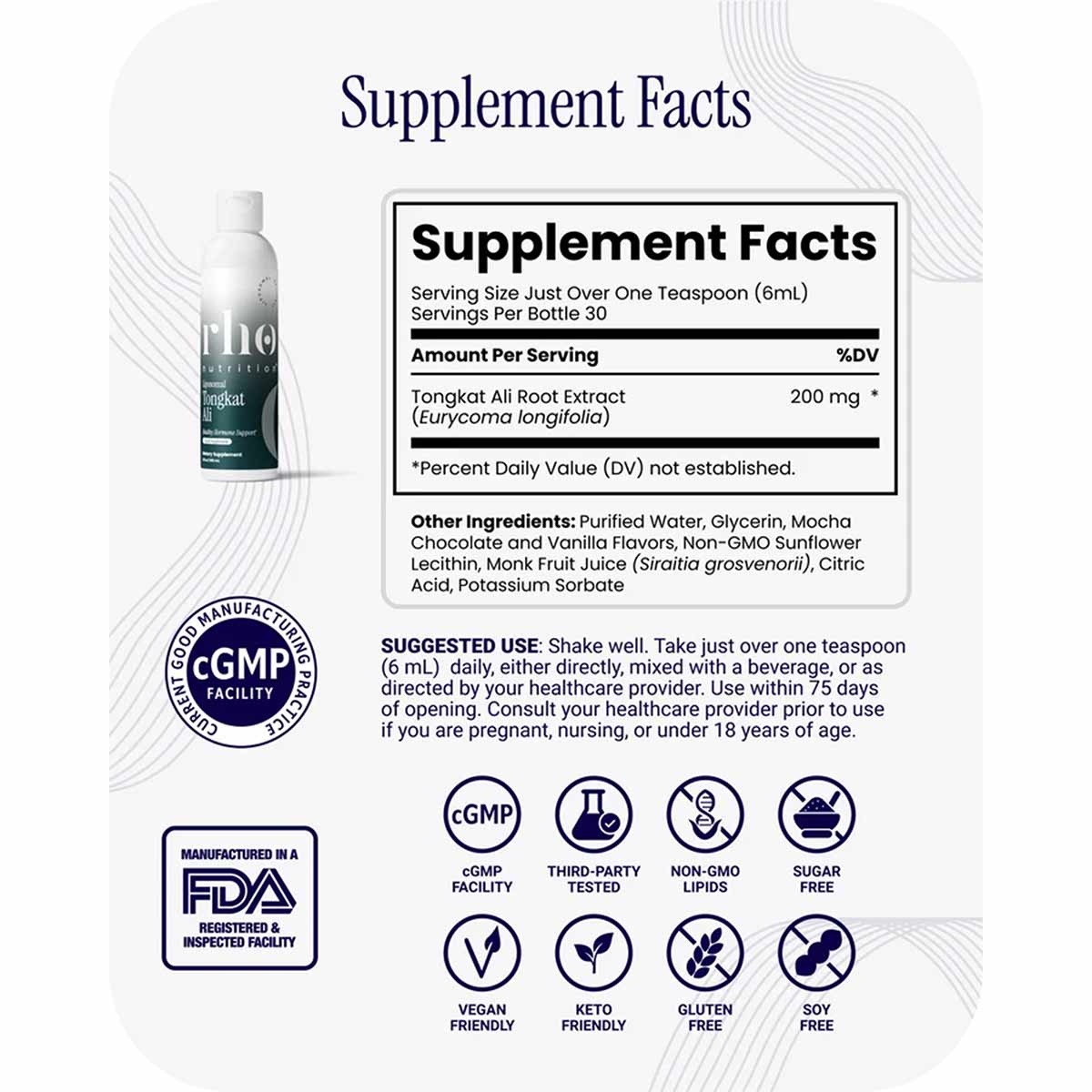 Tongkat Ali liquid supplement bottle with supplement facts label showing 200mg root extract per serving, 30 servings per bott