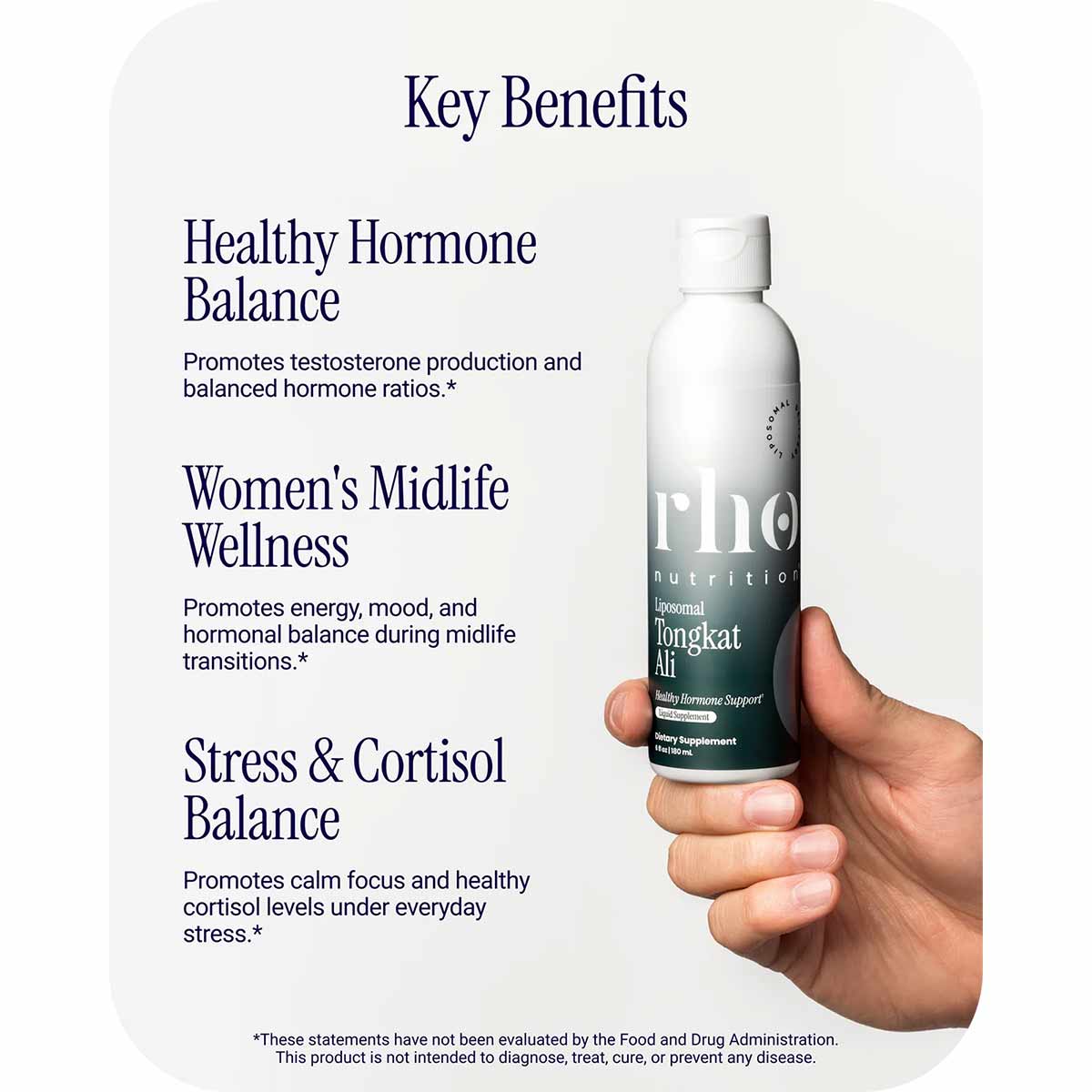 Rho Nutrition Tongkat Ali supplement bottle held in hand with label visible and key benefits text displayed.