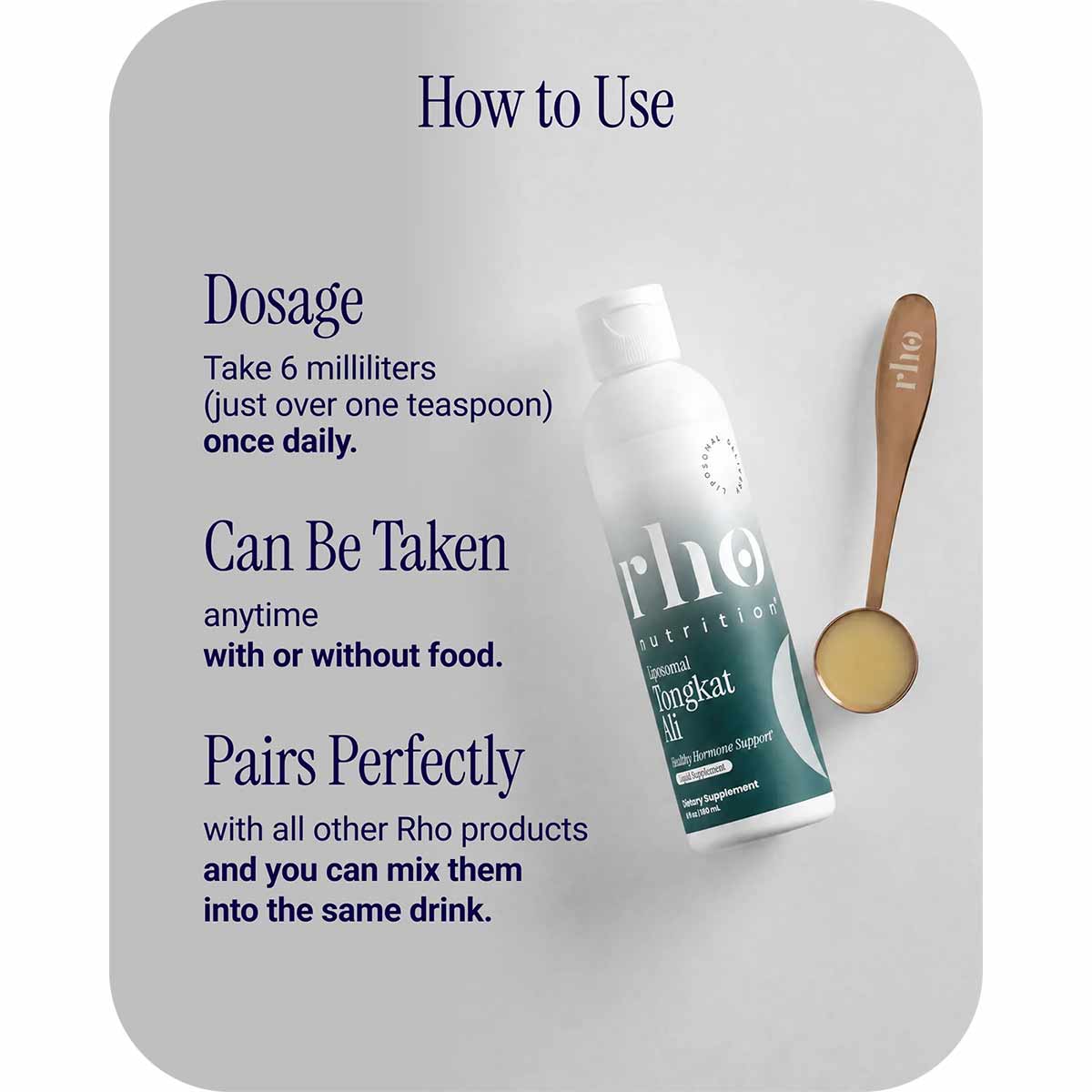 Rho Nutrition Tongkat Ali liquid bottle with wooden measuring spoon showing dosage and usage instructions on gray background.