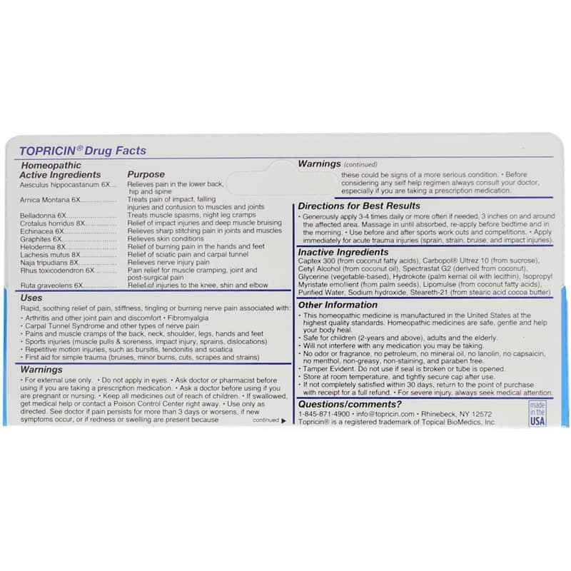 Topricin Pain Relief Cream, 2 Oz Tube, by Topical Biomedics, image #2