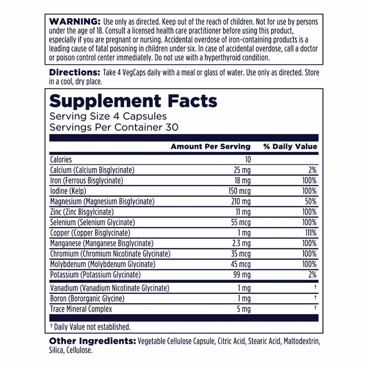 Supplement Facts label for Total Mineral + by Kal showing mineral ingredients, serving size of 4 capsules, and usage directio