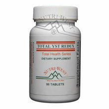 White bottle with white cap labeled "Total Yst Redux, 90 Tablets, Dietary Supplement" by Nutri-West.