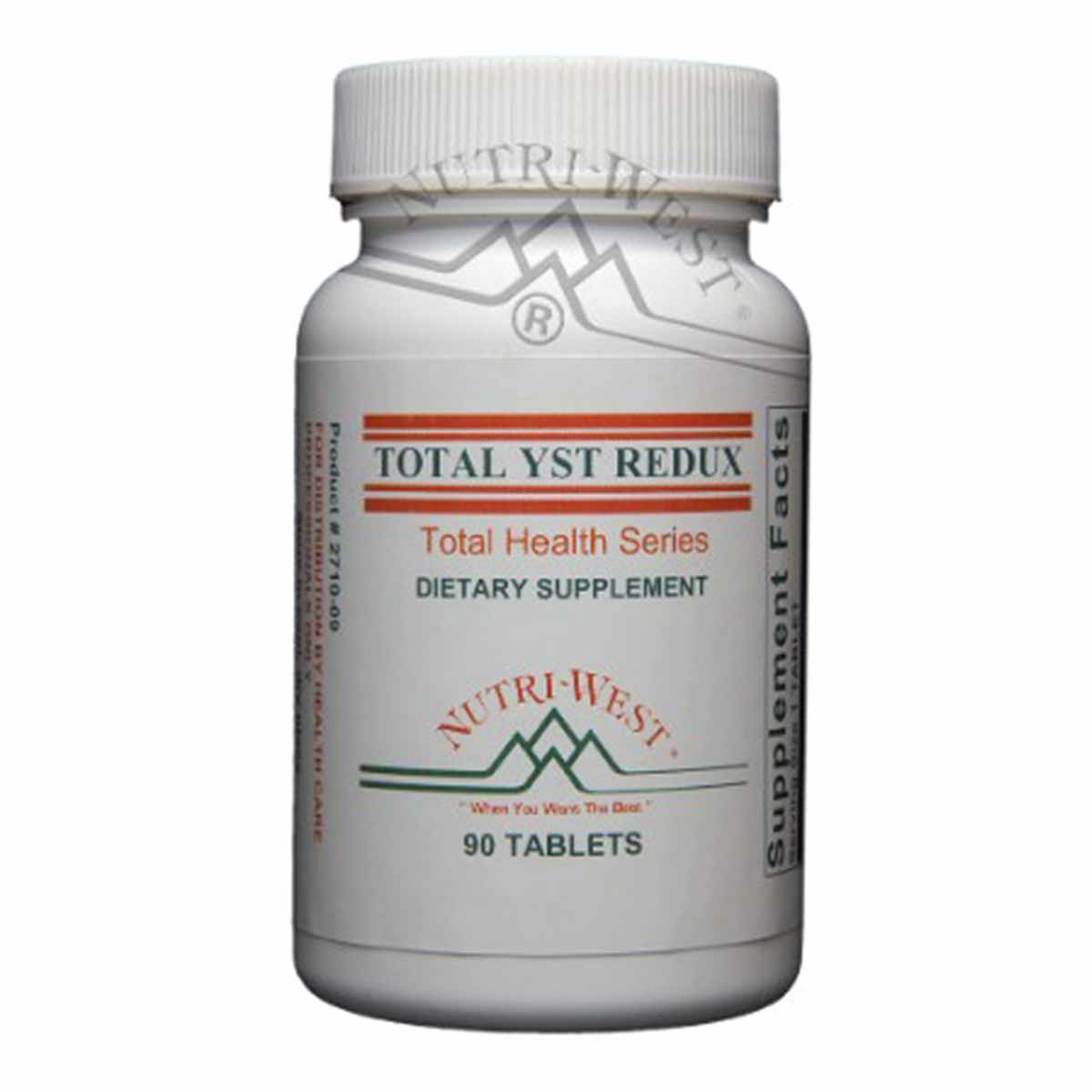 White bottle with white cap labeled "Total Yst Redux, 90 Tablets, Dietary Supplement" by Nutri-West.