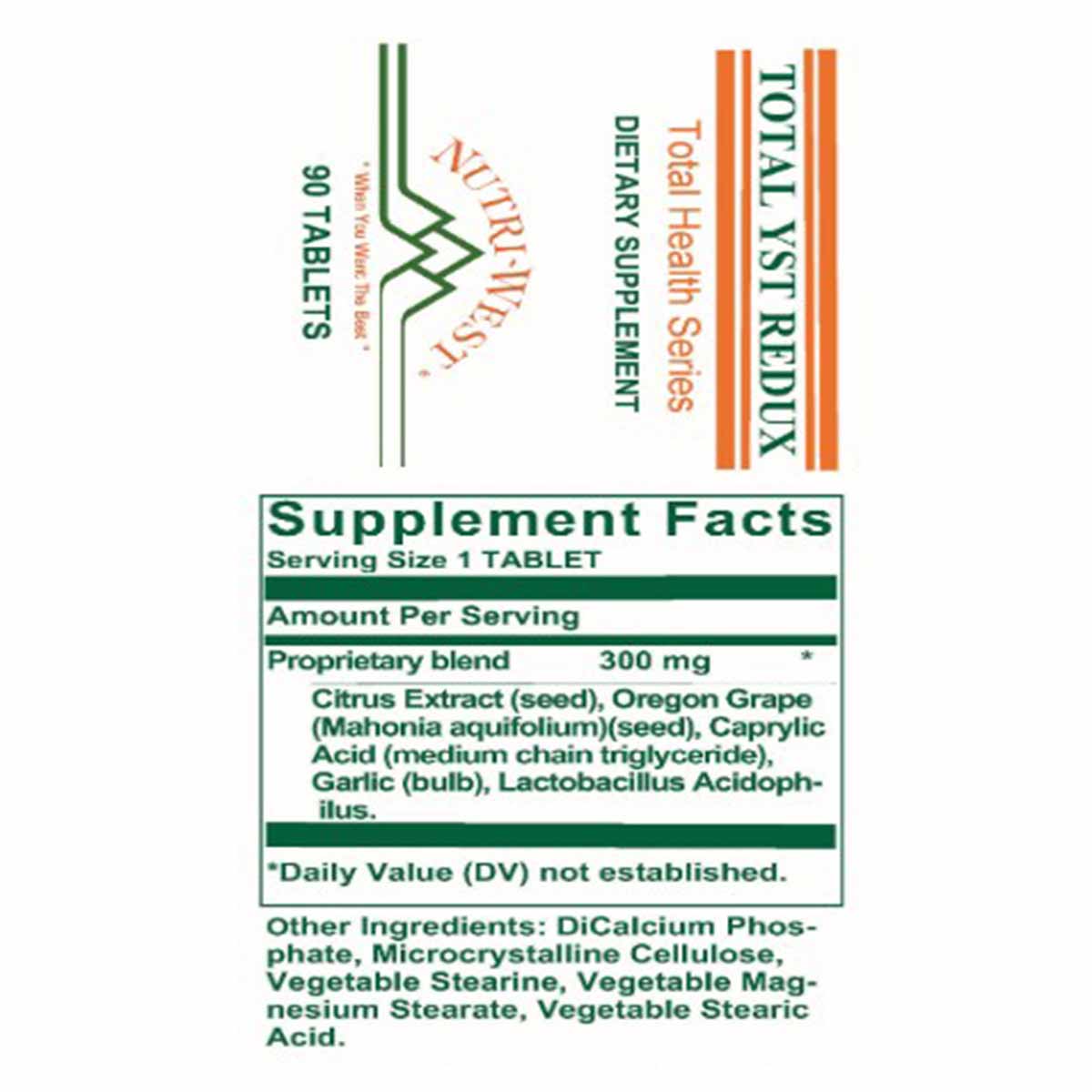 Total Yst Redux bottle label showing 90 tablets, Nutri-West brand, with supplement facts panel listing ingredients.