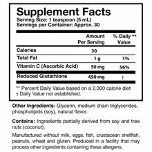 Supplement Facts label showing serving size of 1 teaspoon with 450 mg reduced glutathione, 50 mg vitamin C, and other ingredi
