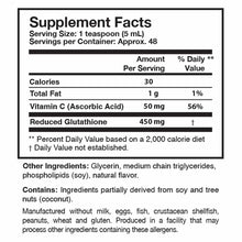 Supplement Facts label showing 450 mg reduced glutathione per serving with vitamin C, glycerin, and medium chain triglyceride