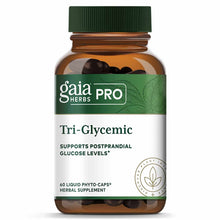 Gaia Herbs Pro Tri-Glycemic herbal supplement bottle with green cap and 60 liquid phyto-caps visible inside amber glass conta
