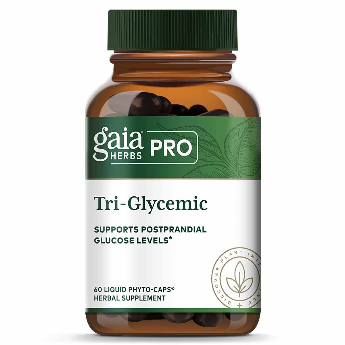 Gaia Herbs Pro Tri-Glycemic herbal supplement bottle with green cap and 60 liquid phyto-caps visible inside amber glass conta