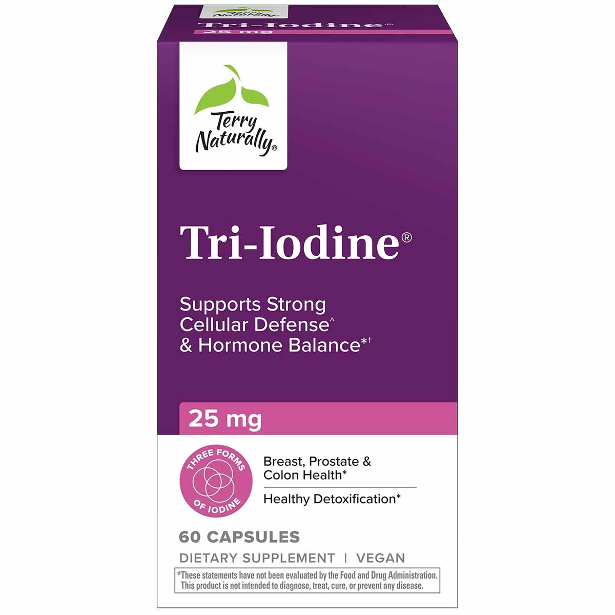 Terry Naturally Tri-Iodine 25 mg supplement bottle with purple packaging containing 60 vegan capsules.