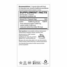 Supplement Facts label for Tri-Iodine 25 mg capsules by Terry Naturally showing dosage, ingredients, and manufacturer informa