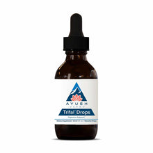 Dark amber glass bottle with black dropper cap and white label displaying Ayush Herbs Trifal Drops branding.