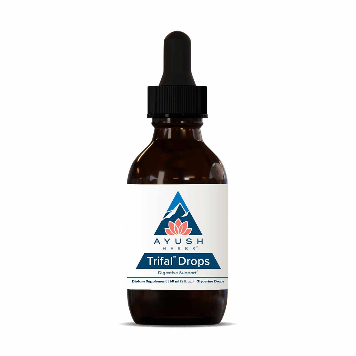 Dark amber glass bottle with black dropper cap and white label displaying Ayush Herbs Trifal Drops branding.