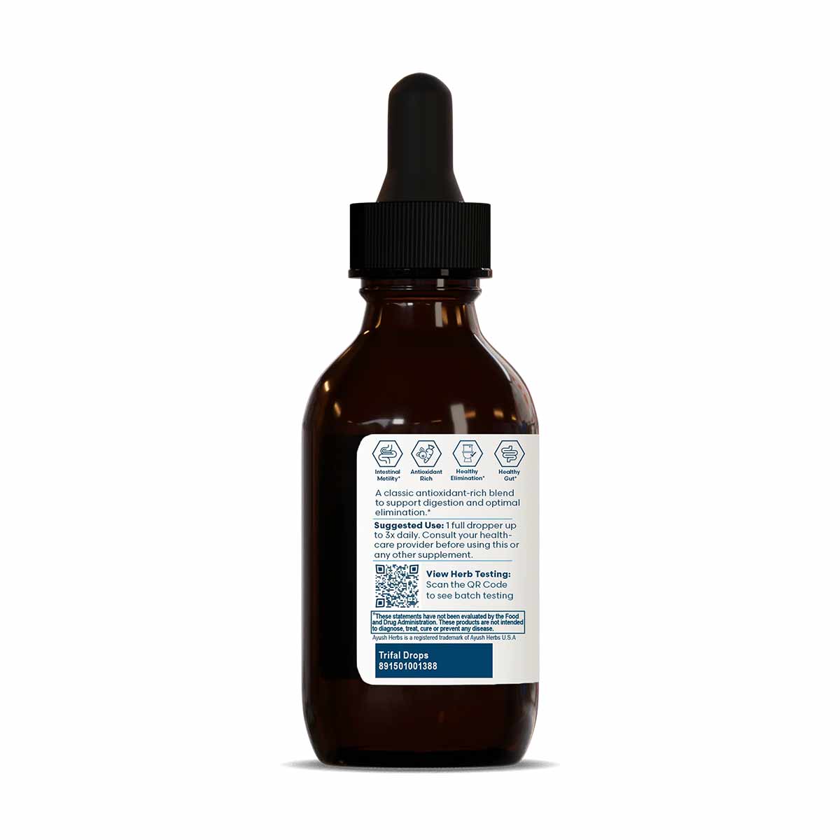 Dark amber glass bottle with black dropper cap and white label containing Trifal Drops liquid supplement.