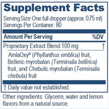 Supplement Facts label showing serving size, ingredients including Phyllanthus emblica, Terminalia bellirica, and Terminalia 