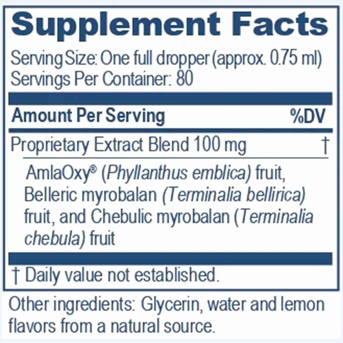 Supplement Facts label showing serving size, ingredients including Phyllanthus emblica, Terminalia bellirica, and Terminalia 