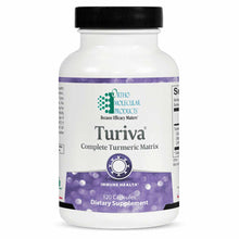 White bottle with black cap labeled "Turiva Complete Turmeric Matrix" by Ortho Molecular Products, 120 capsules, dietary supp