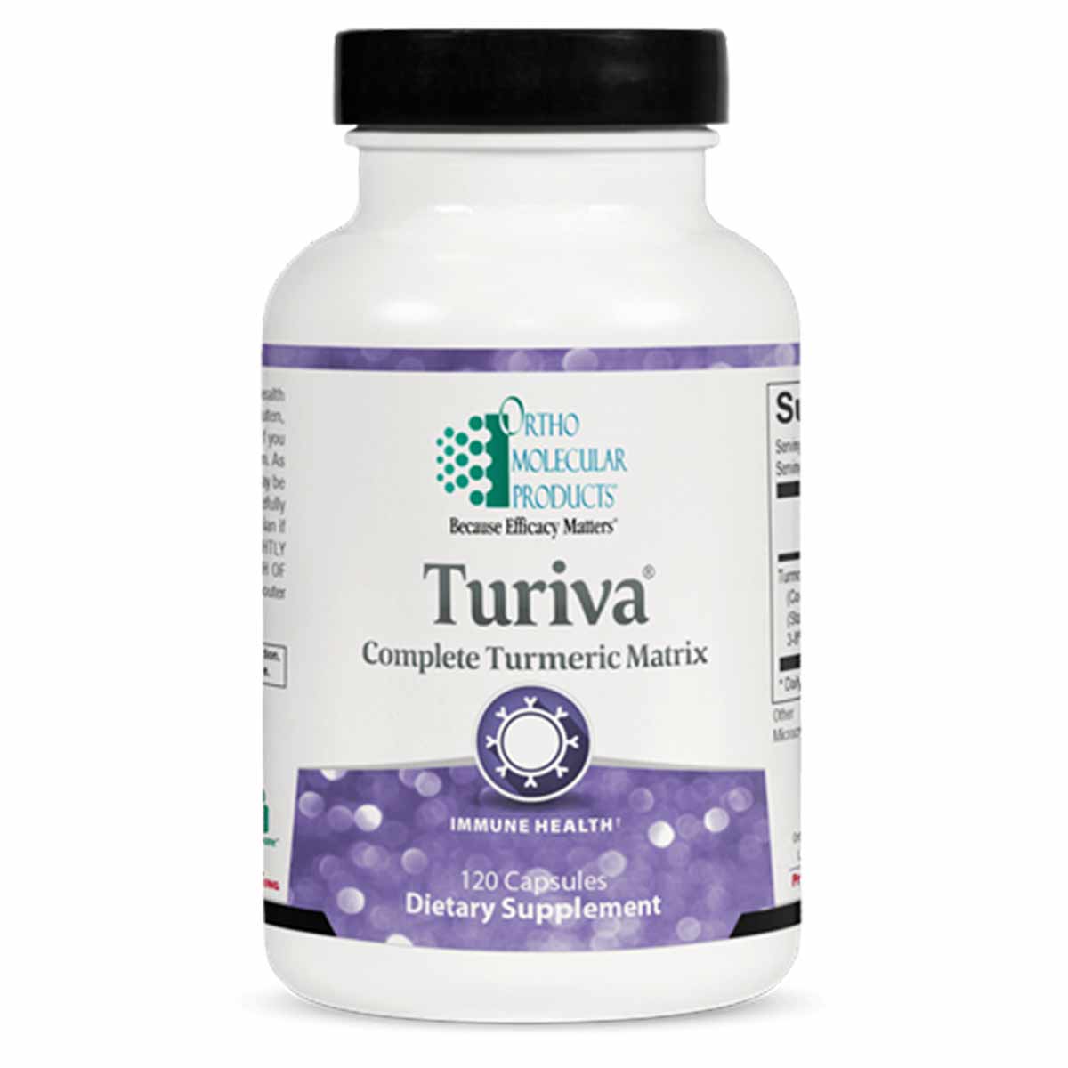 White bottle with black cap labeled "Turiva Complete Turmeric Matrix" by Ortho Molecular Products, 120 capsules, dietary supp