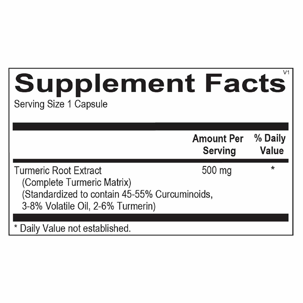 Supplement Facts label for Turiva Complete Turmeric showing 500 mg turmeric root extract per capsule serving.