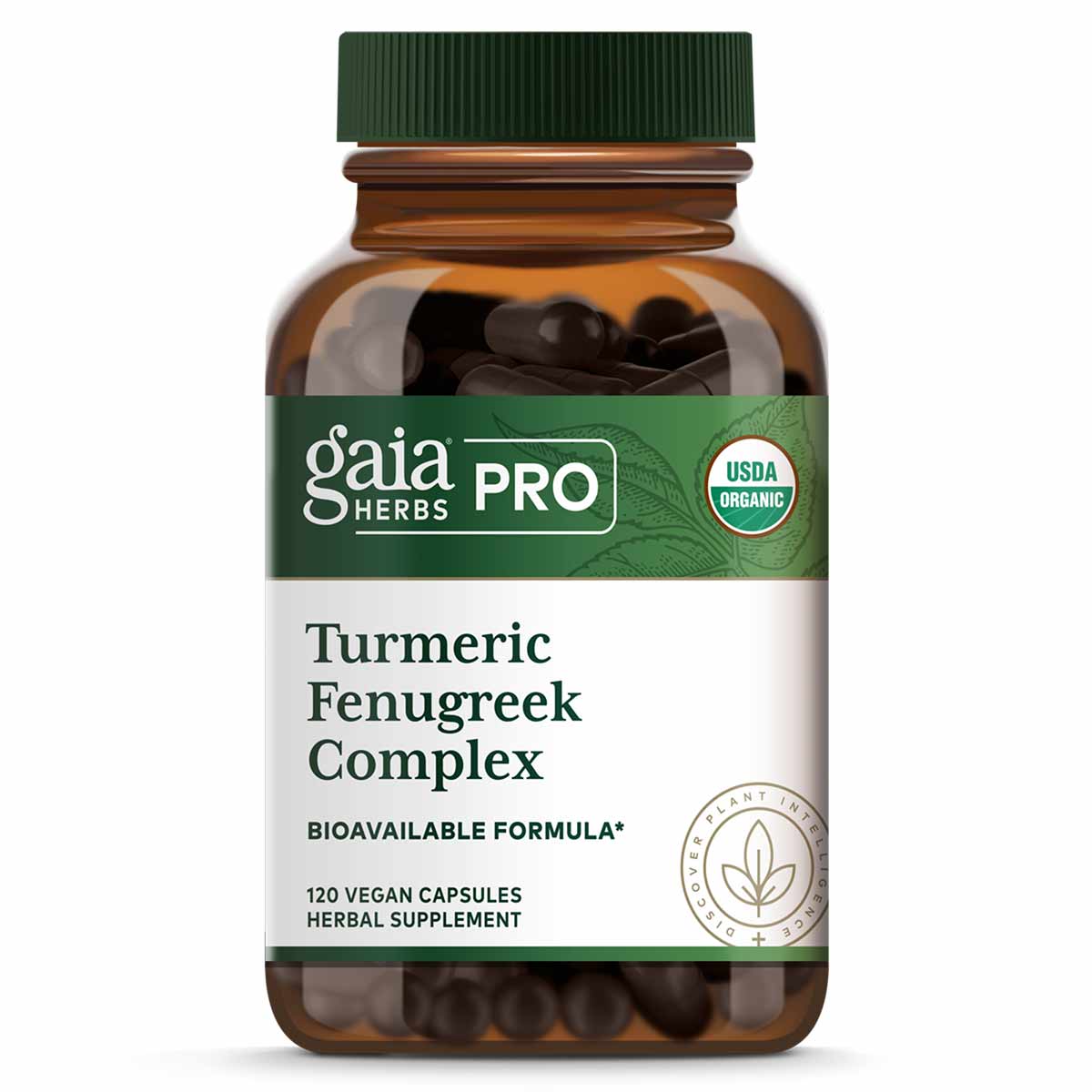Gaia Herbs Pro Turmeric Fenugreek Complex bottle with green cap containing 120 vegan capsules and USDA organic certification 