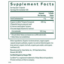 Supplement Facts label for Turmeric Fenugreek Complex showing serving size, ingredients including turmeric and fenugreek extr