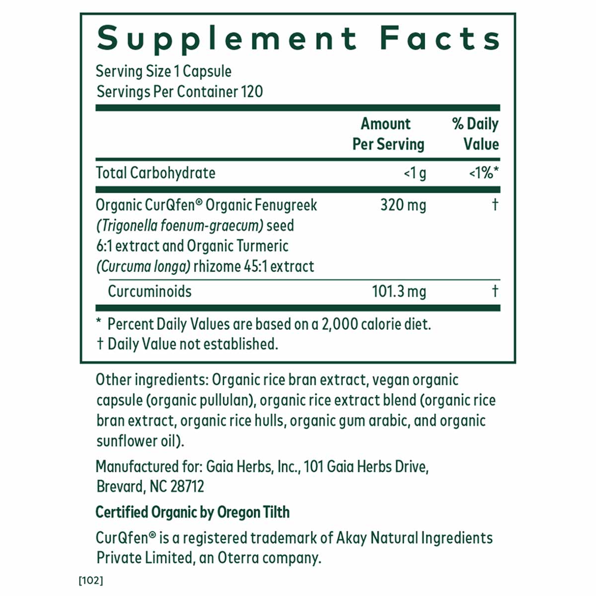 Supplement Facts label for Turmeric Fenugreek Complex showing serving size, ingredients including turmeric and fenugreek extr