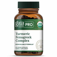 Gaia Herbs Pro Turmeric Fenugreek Complex bottle with green cap containing 60 vegan capsules.