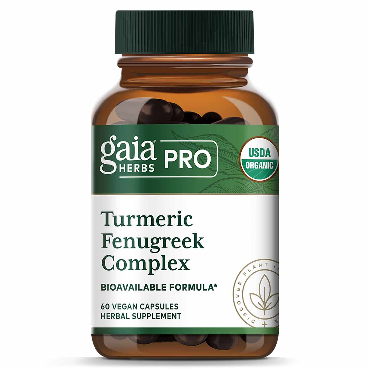 Gaia Herbs Pro Turmeric Fenugreek Complex bottle with green cap containing 60 vegan capsules.