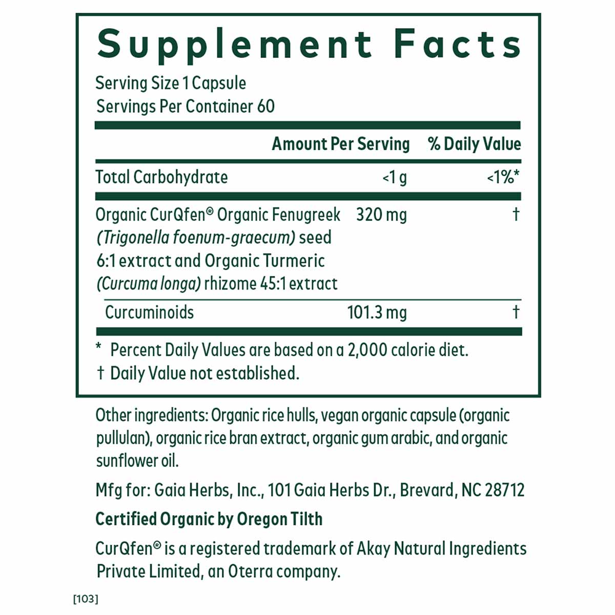 Supplement Facts label for Turmeric Fenugreek Complex showing serving size, ingredients, and nutritional information.