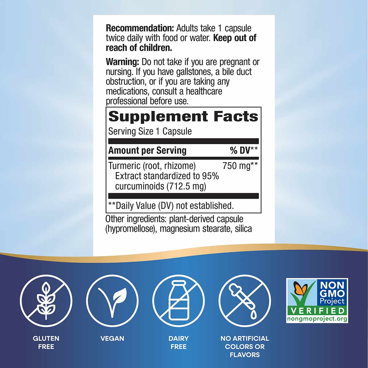 Supplement label showing turmeric extract 750 mg per capsule with dosage recommendations, warnings, and ingredient list on wh