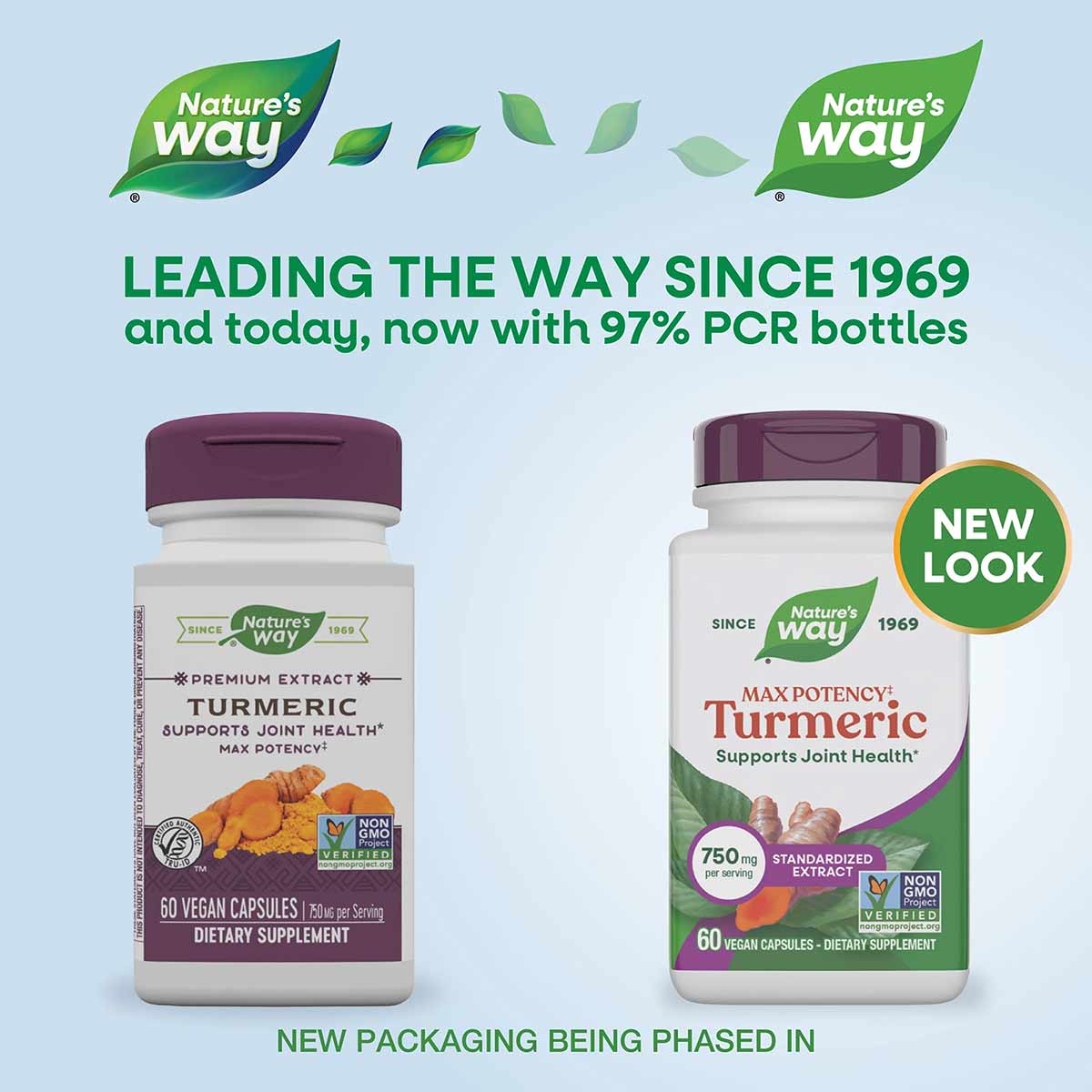 Two Nature's Way turmeric supplement bottles with purple caps showing old and new packaging designs for 60 vegan capsules.