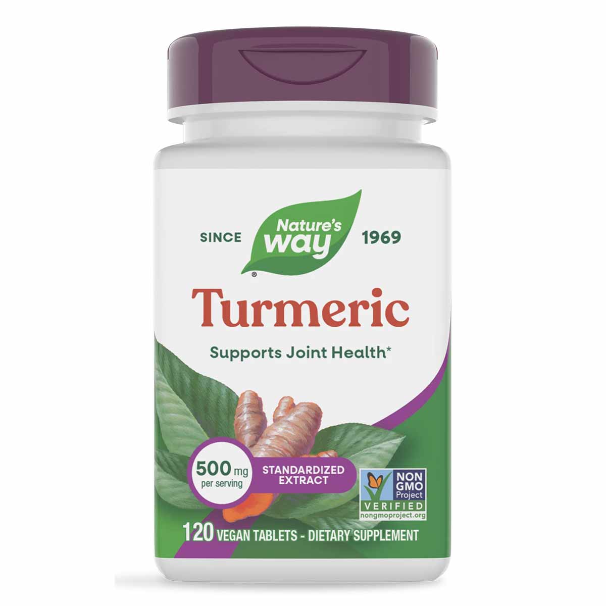 Nature's Way Turmeric Standardized Extract 500mg dietary supplement bottle with purple cap containing 120 vegan tablets.