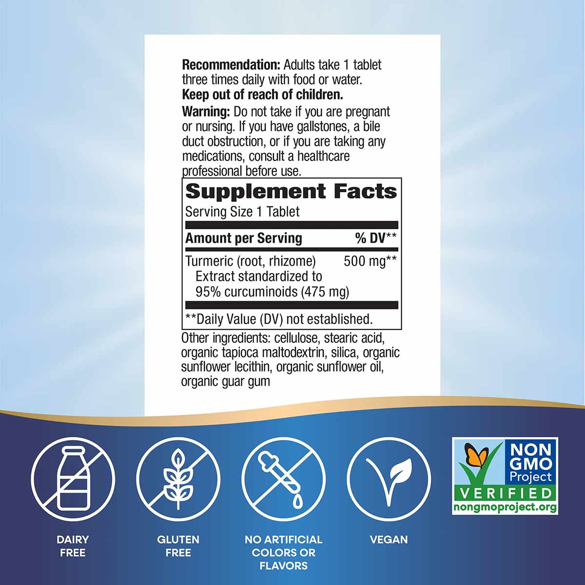 Turmeric supplement label showing dosage instructions, supplement facts with 500 mg turmeric extract standardized to 95% curc