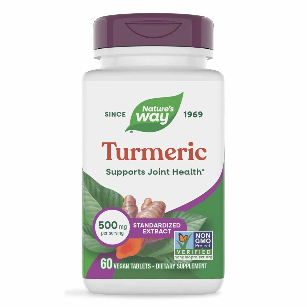 White bottle with purple cap containing Nature's Way Turmeric Standardized Extract dietary supplement tablets.