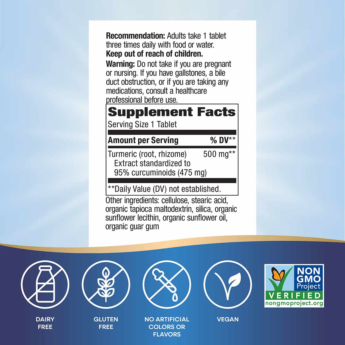 Natures Way Turmeric Standardized supplement facts label showing 500mg turmeric extract per tablet with dairy-free, gluten-fr