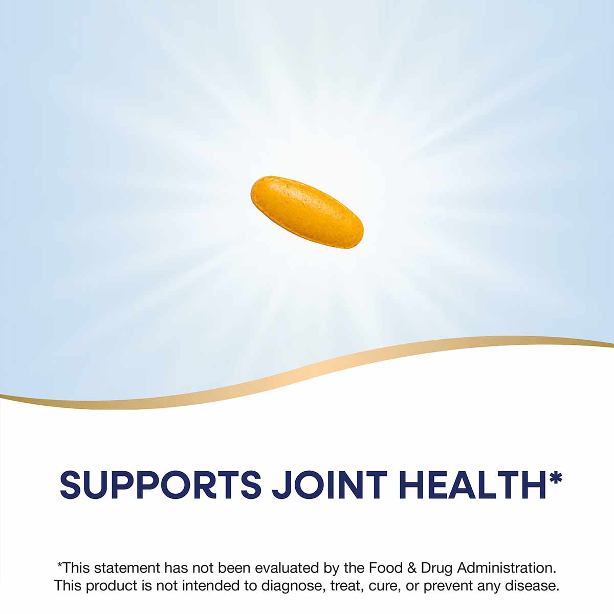 Yellow oval turmeric supplement capsule against a light blue and white background.