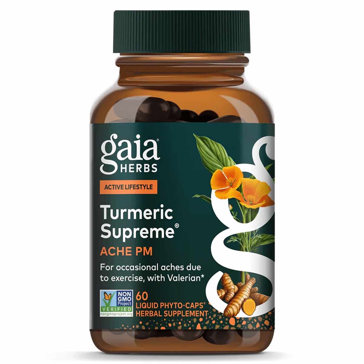 Gaia Herbs Turmeric Supreme Ache PM bottle with green cap containing 60 dark liquid phyto-caps herbal supplement.