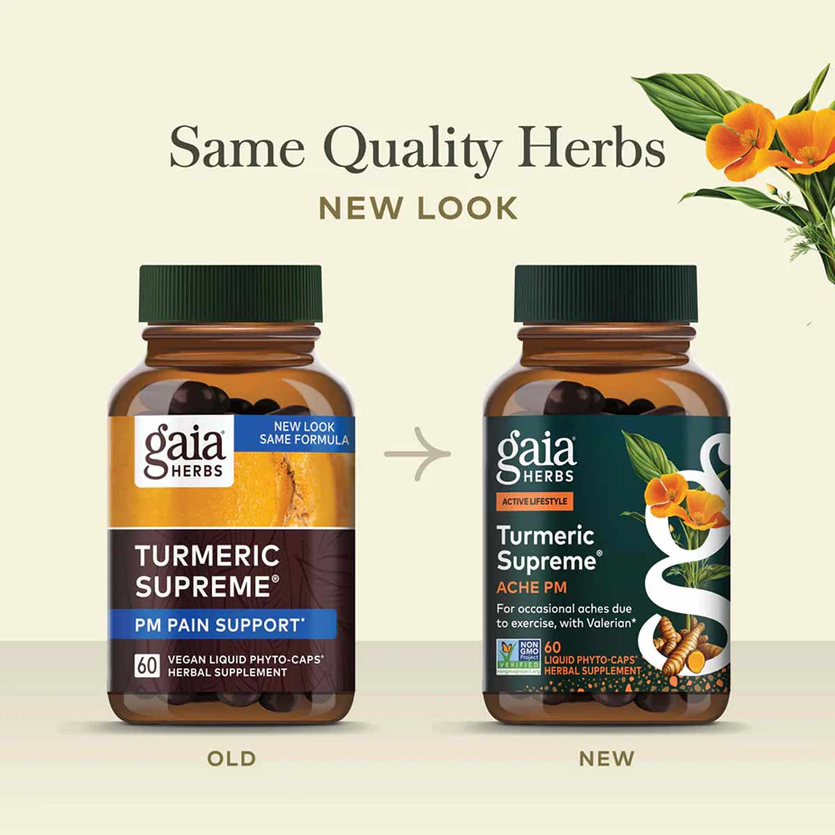 Two brown glass bottles of Gaia Herbs Turmeric Supreme Ache PM supplement with green caps, showing old and new label designs 