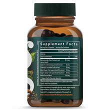 Brown glass bottle with green cap containing dark capsules, labeled with Supplement Facts and ingredient information includin