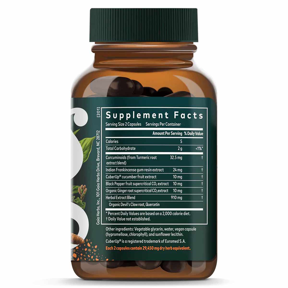 Brown glass bottle with green cap containing dark capsules, labeled with Supplement Facts and ingredient information includin