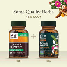 Two brown glass bottles of Gaia Herbs Turmeric Supreme Joint Health supplement showing old and new label designs side by side