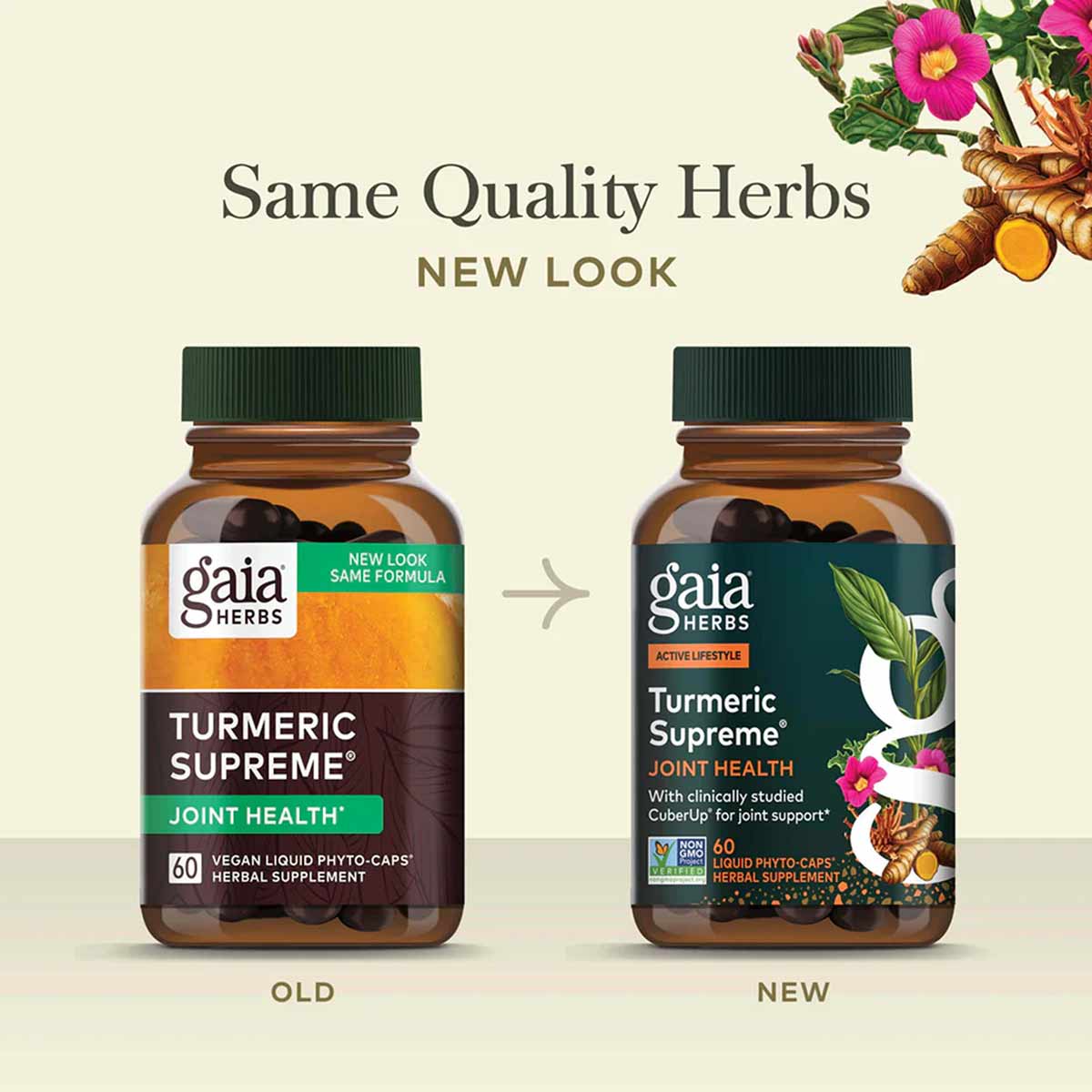 Two brown glass bottles of Gaia Herbs Turmeric Supreme Joint Health supplement showing old and new label designs side by side