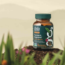 Gaia Herbs Turmeric Supreme Joint Health bottle with green cap containing 60 liquid phyto-caps herbal supplement.