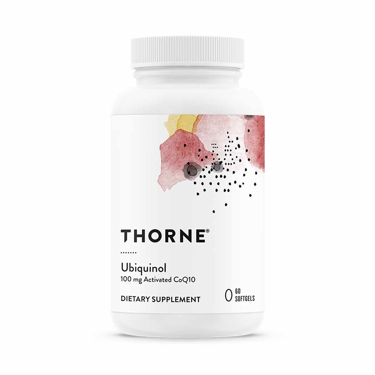 White bottle with Thorne branding, labeled Ubiquinol 100 mg Activated CoQ10 dietary supplement containing 60 softgels.