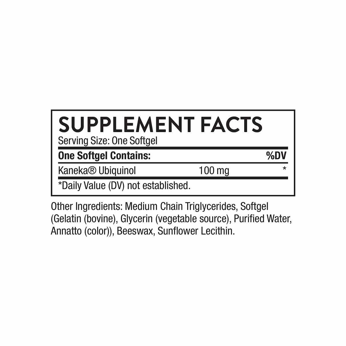 Supplement Facts label for Ubiquinol softgel containing 100 mg Kaneka Ubiquinol per serving with listed ingredients.