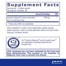 Supplement Facts label showing Ubiquinol-QH 100 mg per softgel capsule with 60 servings per container and ingredient list.