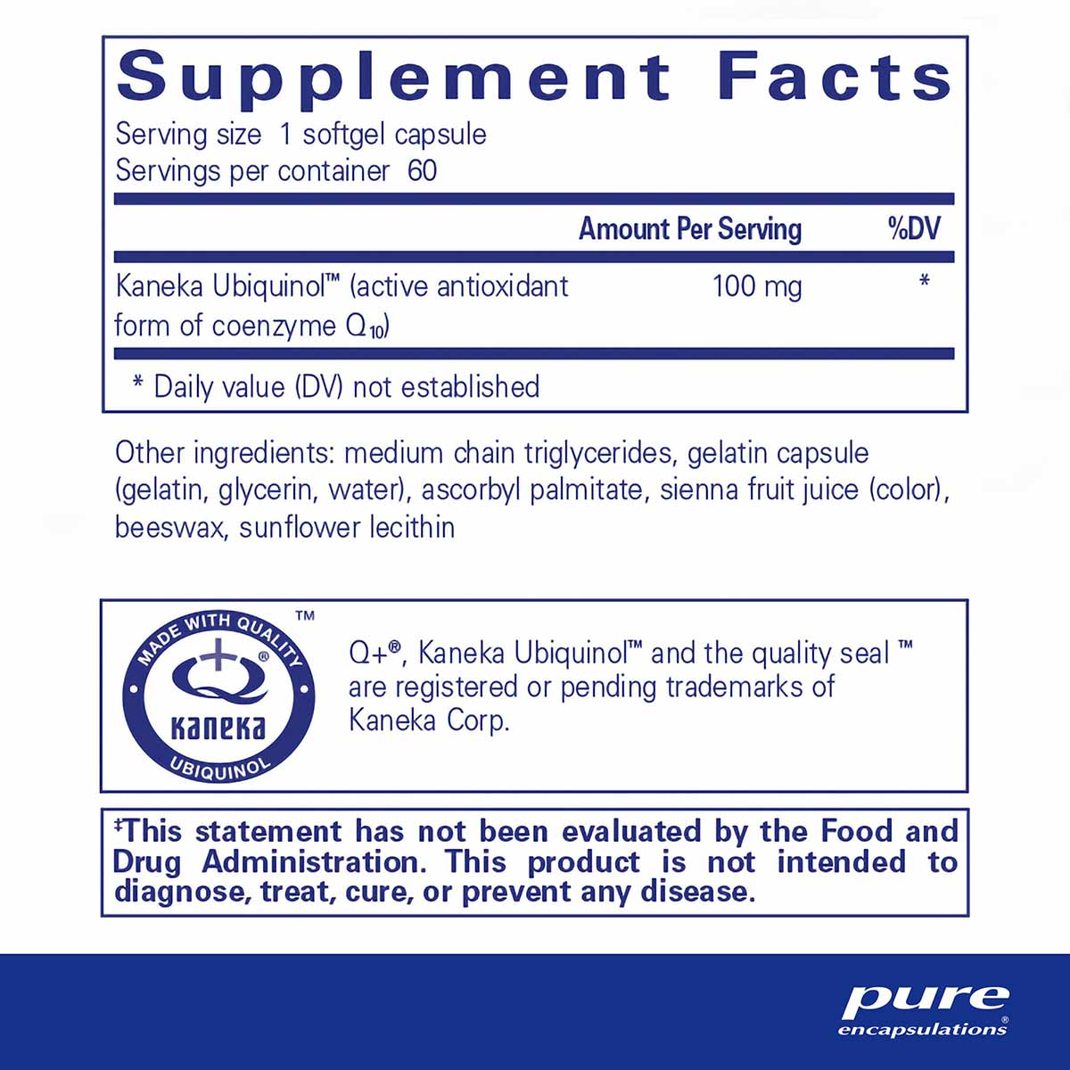 Supplement Facts label showing Ubiquinol-QH 100 mg per softgel capsule with 60 servings per container and ingredient list.