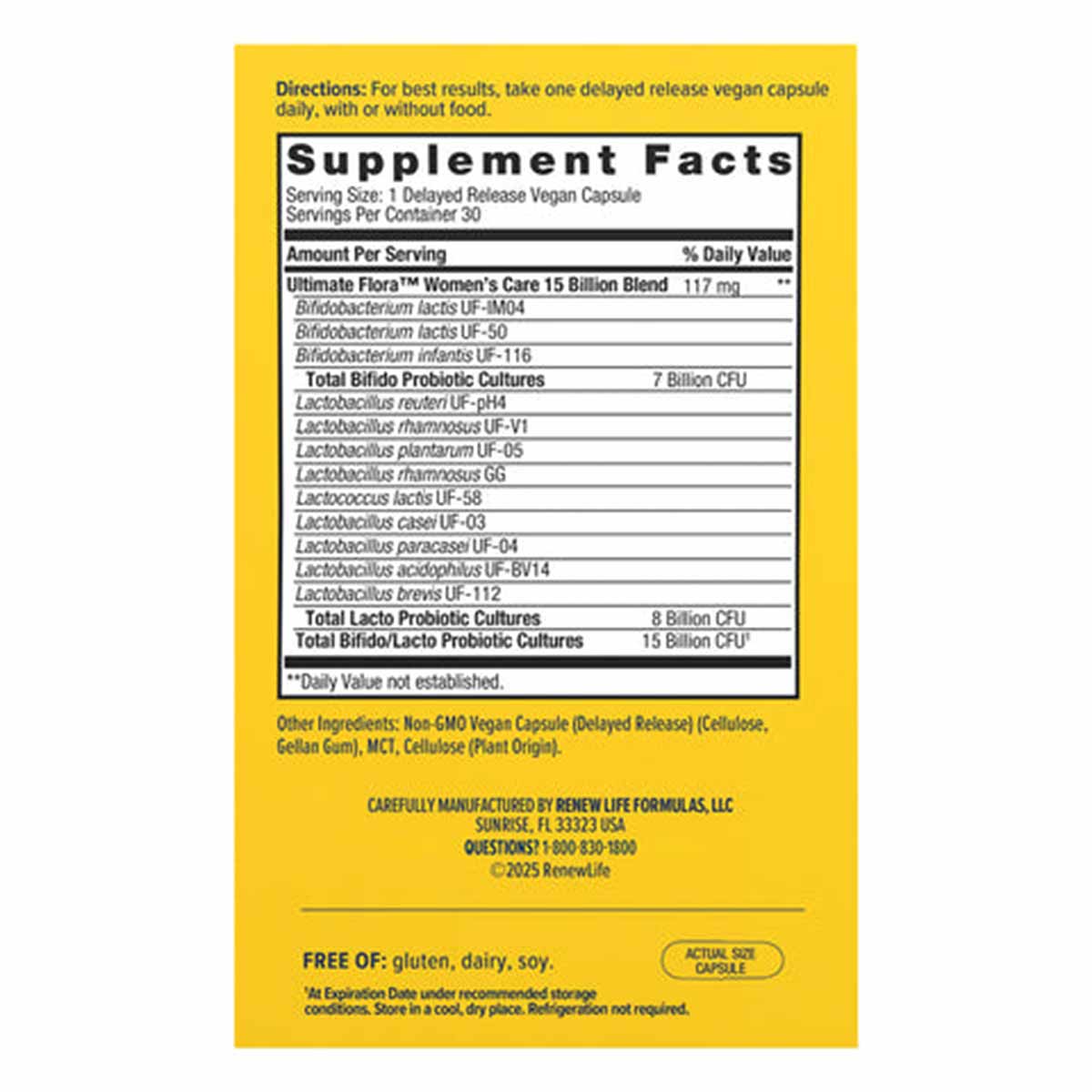Yellow supplement label displaying Supplement Facts for Ultimate Flora Women's Care 15 Billion probiotic with ingredient list