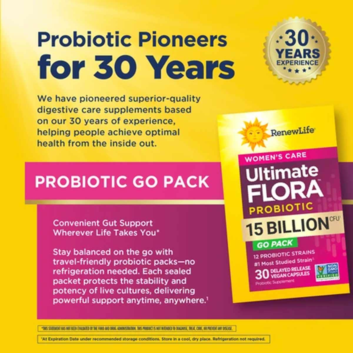 Ultimate Flora Probiotic 15 Billion Women's Care Go Pack box with 30 delayed-release vegan capsules on yellow background.